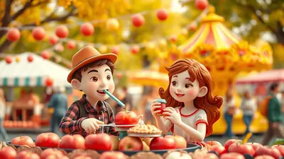A boy in a hat and a girl with red hair are at an autumn festival, with a carousel in the background. The boy is about to eat an apple with a straw, and the girl is holding a cup.