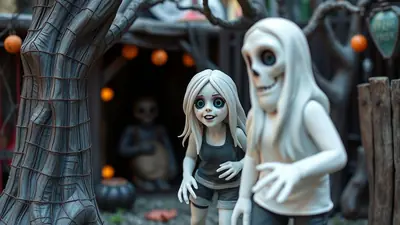 Two stylized, pale figures with large eyes and exaggerated features stand in a spooky, dimly lit outdoor setting with Halloween decorations like orange lights and a pumpkin-shaped object.