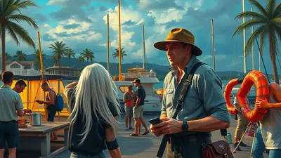 A man in a fedora hat looks at his phone while standing on a dock with boats and palm trees in the background. Another person with long blonde hair is facing away from him, and other people are visible in the background.