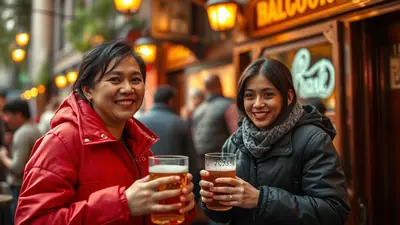 Two smiling young women stand outside a pub at night, each holding a glass of beer. The woman on the left wears a red jacket, and the woman on the right wears a black jacket and a grey scarf. They are both looking at the camera, and the background shows a warmly lit street with other patrons blurred in the distance.