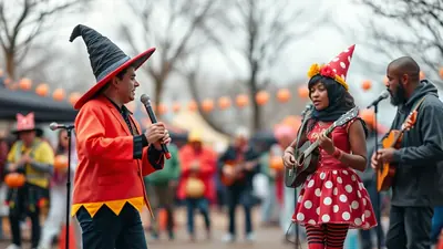 A man in a witch hat and orange jacket sings into a microphone, while a woman in a polka dot dress plays a guitar and sings, with a man playing guitar in the background at an outdoor Halloween event.
