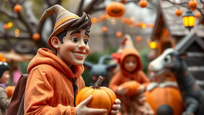 A cartoon boy in a witch hat and orange hoodie holds a pumpkin, smiling at a Halloween festival with other children and decorations in the background.