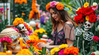 A woman with a flower crown smiles as she arranges flowers and skulls for a Day of the Dead altar, surrounded by vibrant orange and pink marigolds.