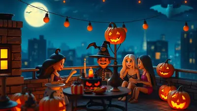 Four cartoon characters, dressed for Halloween, are gathered on a rooftop at night with a full moon and city skyline in the background. They are surrounded by pumpkins, string lights, and a bat decoration, creating a festive and spooky atmosphere.