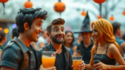 Three friends are enjoying drinks at an outdoor Halloween party, with jack-o'-lanterns visible in the background.