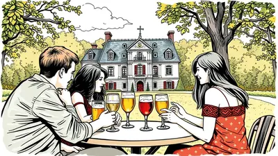 Three people sit at a table outdoors, with a large white mansion in the background. Two women and one man are seated, and there are four glasses of beer on the table in front of them. The scene is set in a park-like area with trees and foliage.