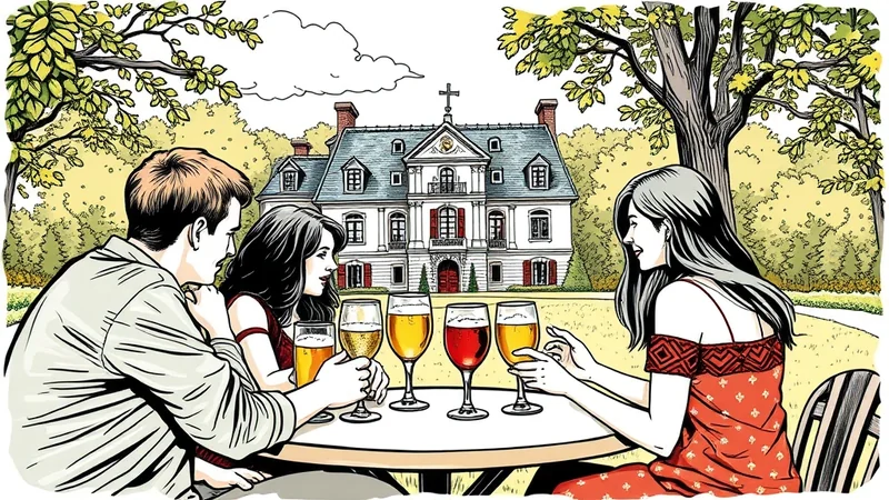 Three people sit at a table outdoors, with a large white mansion in the background. Two women and one man are seated, and there are four glasses of beer on the table in front of them. The scene is set in a park-like area with trees and foliage.