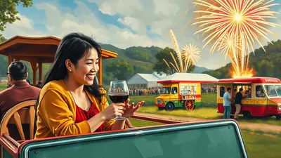 A smiling Asian woman in a yellow cardigan and red top holds a glass of red wine, enjoying a fireworks display over a grassy field with food trucks and tents in the background.