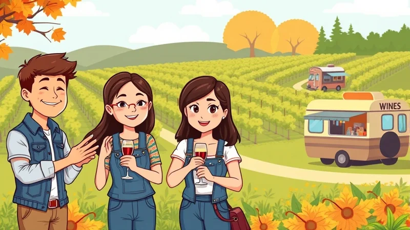 A group of three friends are enjoying a wine tasting at a vineyard during autumn. Two women are holding glasses of red wine, while a man stands between them, smiling. In the background, rows of grapevines stretch across rolling hills, with a wine tasting trailer and a food truck visible. The scene is set against a backdrop of colorful autumn trees and a bright sky, conveying a cheerful and relaxed atmosphere.