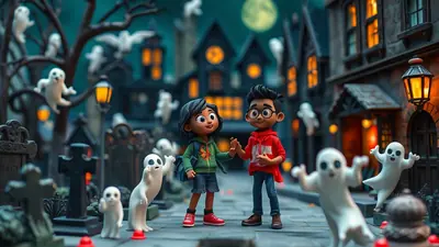 Two cartoon children, a girl and a boy, stand on a cobblestone street in front of a haunted house on Halloween night, surrounded by playful ghosts and spooky decorations.