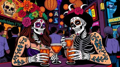 Two skeletons dressed as sugar skulls, adorned with flowers and makeup, sit at a bar holding drinks, with a vibrant, neon-lit street scene in the background.