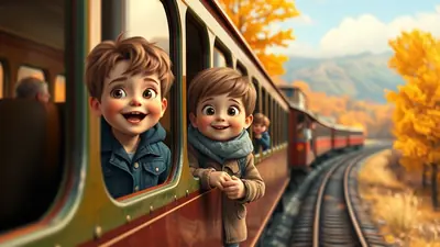 Two cartoon children with big eyes lean out of a train window, smiling joyfully as the train travels through a scenic autumn landscape with yellow trees and mountains.