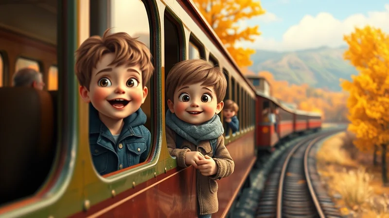 Two cartoon children with big eyes lean out of a train window, smiling joyfully as the train travels through a scenic autumn landscape with yellow trees and mountains.