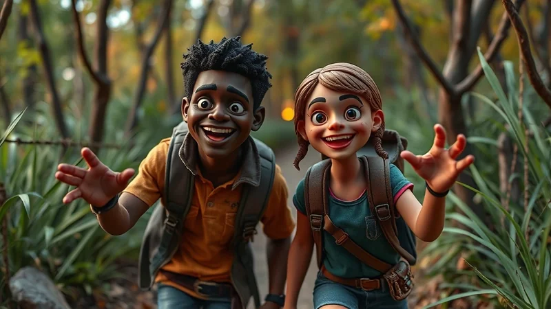 Two cartoon children, a boy and a girl, with exaggerated expressions and backpacks, are excitedly running through a forest path.