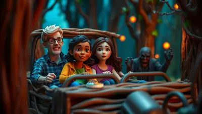 A family in a spooky amusement park ride, with a zombie figure lunging from the background, set in a dark, eerie forest with glowing orange lights.