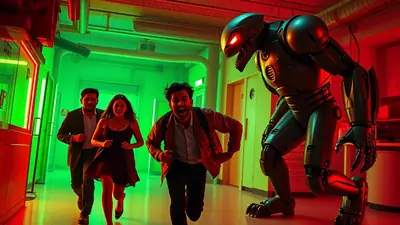A menacing, metallic robot with glowing red eyes chases three terrified people down a dimly lit hallway with green and red lighting.