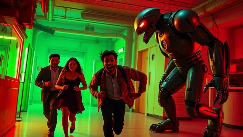 A menacing, metallic robot with glowing red eyes chases three terrified people down a dimly lit hallway with green and red lighting.