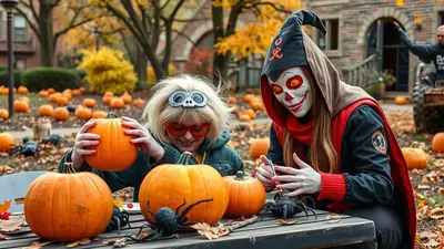 Two people in Halloween costumes are carving pumpkins outdoors, surrounded by many pumpkins and autumn leaves. One person wears a clown-like mask and a hooded robe, while the other has a blonde wig, skull-shaped goggles, and red sunglasses.