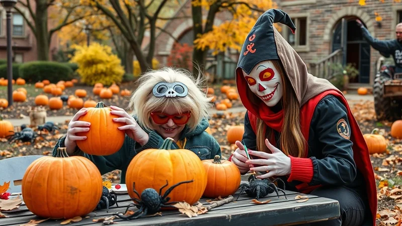 Two people in Halloween costumes are carving pumpkins outdoors, surrounded by many pumpkins and autumn leaves. One person wears a clown-like mask and a hooded robe, while the other has a blonde wig, skull-shaped goggles, and red sunglasses.