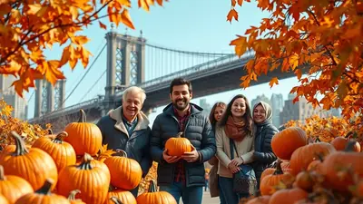 A group of five people, including an older man, a younger man holding a pumpkin, and three women, pose for a photo in front of a large pile of pumpkins and fall foliage, with the Manhattan Bridge visible in the background under a clear blue sky.