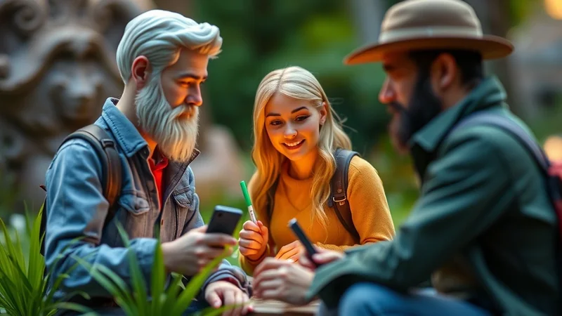 Three people, two men and a woman, are gathered around a table outdoors, looking at smartphones and holding a marker. The man on the left has a white beard and is wearing a denim jacket. The woman in the middle has blonde hair and is wearing a yellow sweater. The man on the right is wearing a hat and a green jacket. The scene appears to be a casual outdoor gathering.