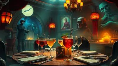 A dimly lit, spooky dining room set for a Halloween feast, with skeleton figures, jack-o'-lanterns, and cocktails on a round table.