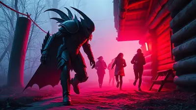 A terrifying, armored creature with horns and a cape stands in a foggy forest, illuminated by red light, while a group of people runs away from a wooden cabin.