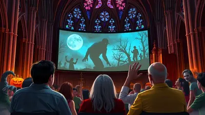 A group of people watch a spooky Halloween movie on a large screen inside a gothic-style hall with stained glass windows, featuring a werewolf silhouette under a full moon.