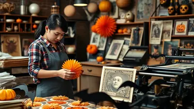 A woman in an apron and plaid shirt is crafting orange paper decorations in a room filled with Halloween-themed items, including pumpkins, skulls, and vintage prints.