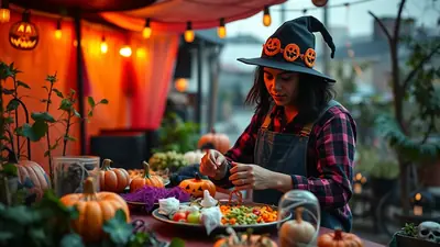 A woman dressed as a witch with a pumpkin-adorned hat is preparing food at a table laden with pumpkins and Halloween decorations.