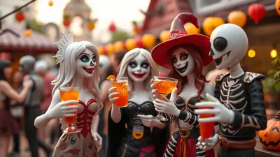 Four figures in Halloween costumes, resembling dolls or mannequins, are holding orange drinks and appear to be at a party. The figures are dressed as a skeleton, a witch, and two other characters with pale faces and dramatic makeup. The background suggests an outdoor Halloween celebration with decorations like pumpkins and string lights.