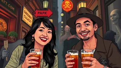 A cartoon-style illustration depicts a smiling Asian couple holding beers in front of a dimly lit street scene with spooky elements. The man wears a fedora and a brown jacket, while the woman has long dark hair and a green top. In the background, shadowy figures and a skull symbol suggest a Halloween or horror theme.
