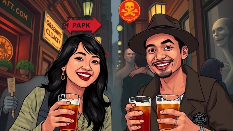 A cartoon-style illustration depicts a smiling Asian couple holding beers in front of a dimly lit street scene with spooky elements. The man wears a fedora and a brown jacket, while the woman has long dark hair and a green top. In the background, shadowy figures and a skull symbol suggest a Halloween or horror theme.