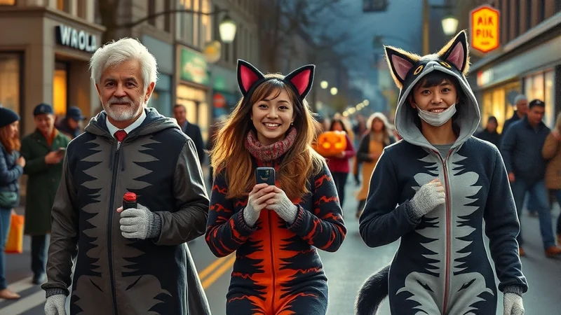 Three people in cat costumes walk down a street, with the person in the middle holding a smartphone. The person on the left is an older man with white hair, wearing a grey and black jacket with a red tie. The person in the middle is a young woman with brown hair and cat ears, wearing a black and orange striped onesie. The person on the right is a young woman wearing a grey and black cat onesie with a tail and a face mask. The background shows a street with shops and other people, suggesting a festive or Halloween atmosphere.