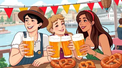 Three friends, two women and one man, are toasting with large glasses of beer at an outdoor festival. They are sitting at a wooden table with pretzels in front of them, and the background shows a waterfront with buildings and festive banners.