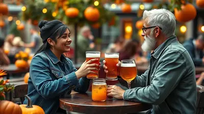 A smiling woman and a man with a white beard and glasses clink glasses of beer at an outdoor table decorated with pumpkins and autumn lights.