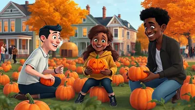 A diverse family is picking pumpkins in a pumpkin patch with houses and autumn trees in the background.