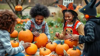 Four Black children are carving pumpkins outdoors in a grassy area, with several pumpkins scattered around them. The children are dressed in Halloween costumes, including one in a witch hat and another in a black hat with bunny ears. The mood is festive and autumnal.