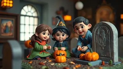 Three cartoon children in Halloween costumes are gathered around pumpkins and a tombstone, with a spooky, festive atmosphere.