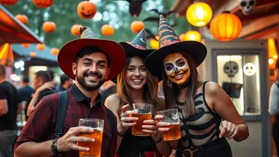 Three friends in Halloween costumes, two women and one man, are smiling and holding glasses of beer at an outdoor Halloween party. The woman on the right has skeleton face paint and a skeleton-themed outfit, while the other two wear witch hats.