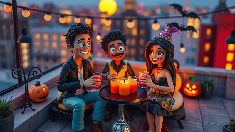 Three cartoon characters are celebrating Halloween on a rooftop at night, with string lights and pumpkins decorating the scene. They are holding drinks and smiling, creating a festive and cheerful atmosphere.