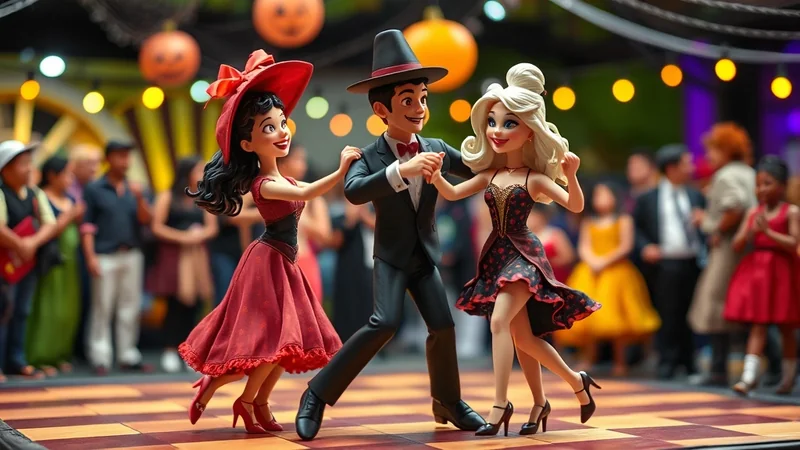 Three cartoon-style figures, a man in a suit and hat and two women in festive dresses, dance together on a checkered floor at a Halloween party with blurred figures and pumpkin decorations in the background.