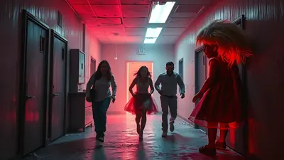 A group of three people are running down a dimly lit hallway with red lighting, appearing to be fleeing from a large, unsettling doll that is standing in the foreground.