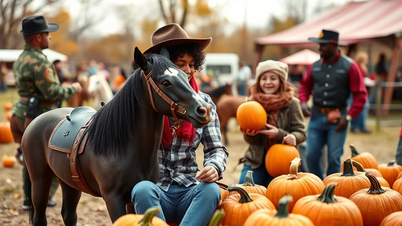 A young person in a cowboy hat sits on a horse at a pumpkin patch, smiling. A girl in the background holds a pumpkin, and a man in a cowboy hat stands nearby. The scene is festive and autumnal.