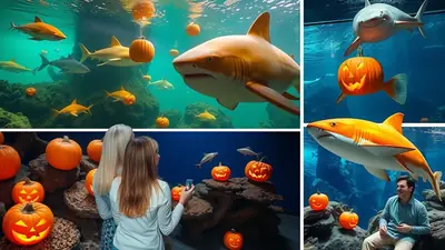 A collage of images showing sharks and jack-o-lanterns in an aquarium setting, with people observing the display.