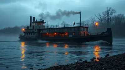 A steamboat travels down a misty river at dusk, with warm lights glowing from its windows and smoke billowing from its stacks. The water reflects the boat's lights, creating an eerie and atmospheric scene.