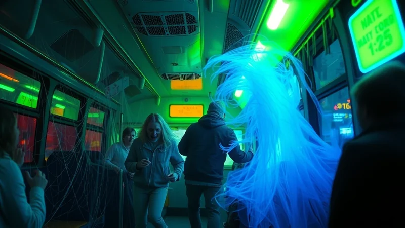 People on a bus are reacting with fear and excitement to a large, glowing blue ethereal entity that has taken over the bus, with spiderwebs covering the windows and green lighting creating a spooky atmosphere.