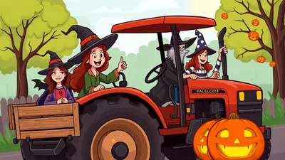 A cartoon illustration of a family dressed as witches and a wizard riding on a red tractor, with pumpkins and Halloween decorations in the background.
