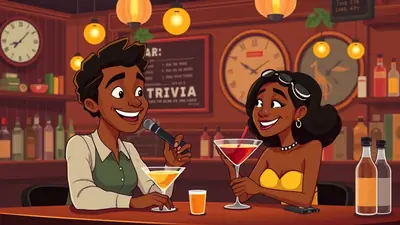 A Black man holding a microphone and a Black woman holding a cocktail are sitting at a bar, smiling and talking. The bar has shelves stocked with bottles, two large clocks on the wall, and hanging lanterns.