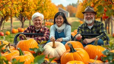 Three smiling people, two men and one woman, sit in a wagon filled with pumpkins in an orchard during autumn. The man on the left has white hair and wears a red plaid shirt. The woman in the middle has dark hair and wears a light blue sweater and overalls. The man on the right wears a hat, glasses, and a green plaid shirt, and has a white beard. The trees in the background have bright orange and yellow leaves, and more pumpkins are visible scattered on the ground.